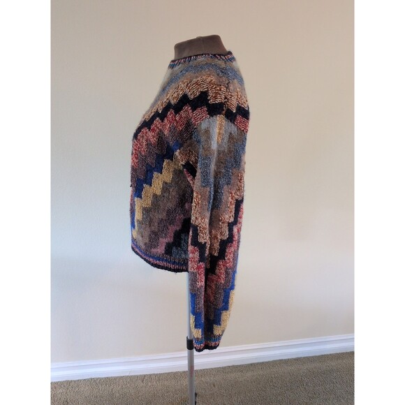 Hand Knit Sweater Crazy Quilt Intarsia Artsy Chevron Size Med Kilim Geometric - Picture 4 of 8
